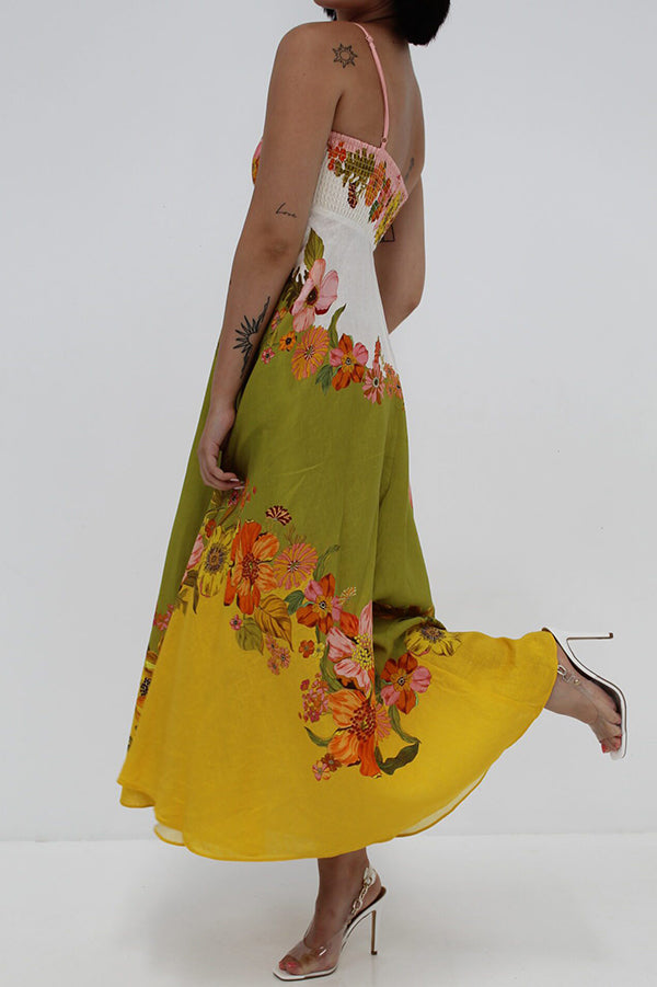 Robe longue Malakai en lin mélangé à imprimé floral contrasté et poches smockées dans le dos