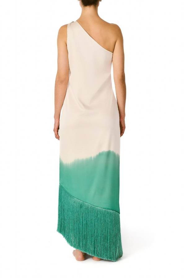 Maxikleid mit Rüschen, One-Shoulder-Träger und Quastenbesatz im lebhaften Ombré-Print