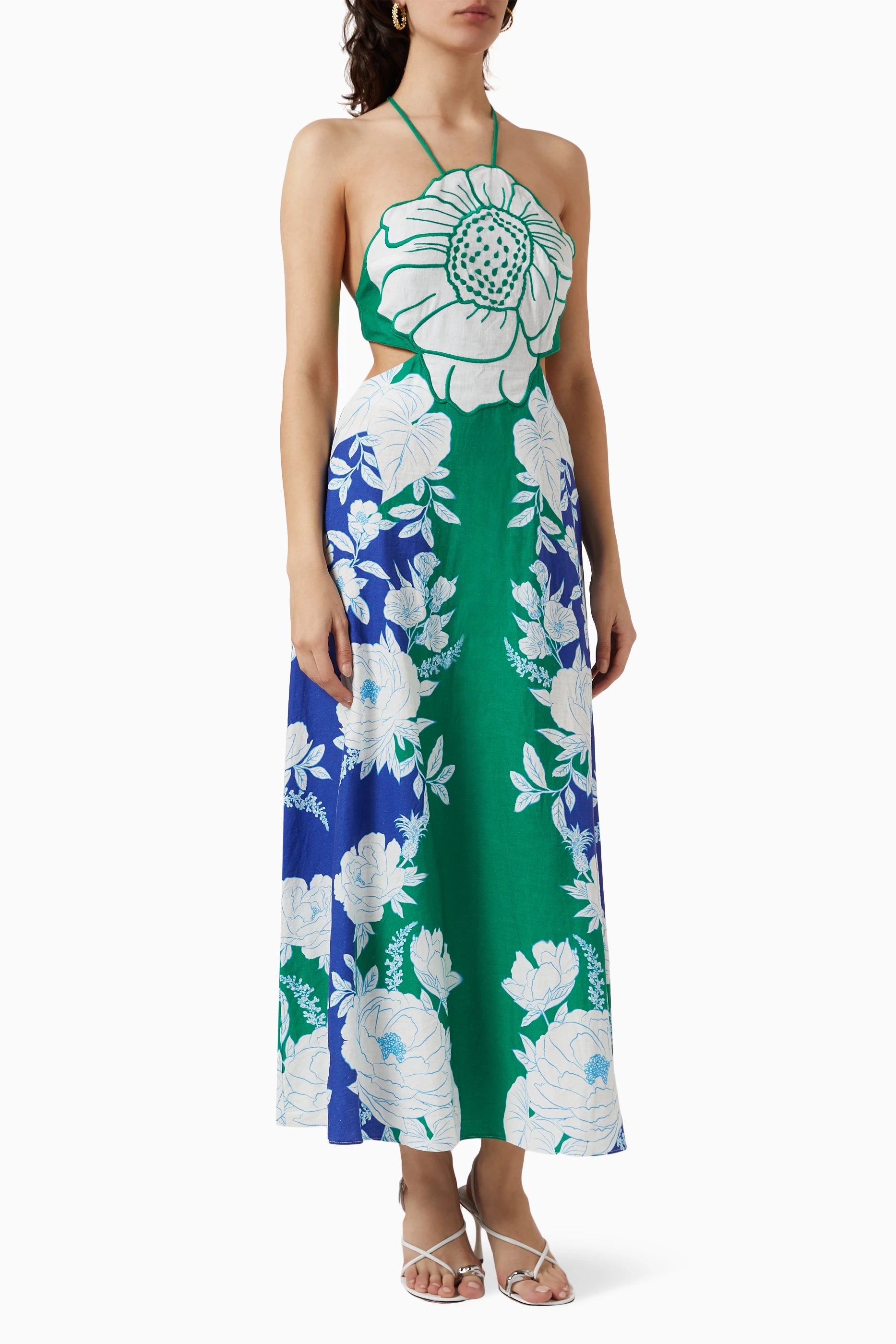 Über Tropic Time – Neckholder-Midikleid aus Leinenmischung mit Blumendetail auf der Rückseite und Schnürung