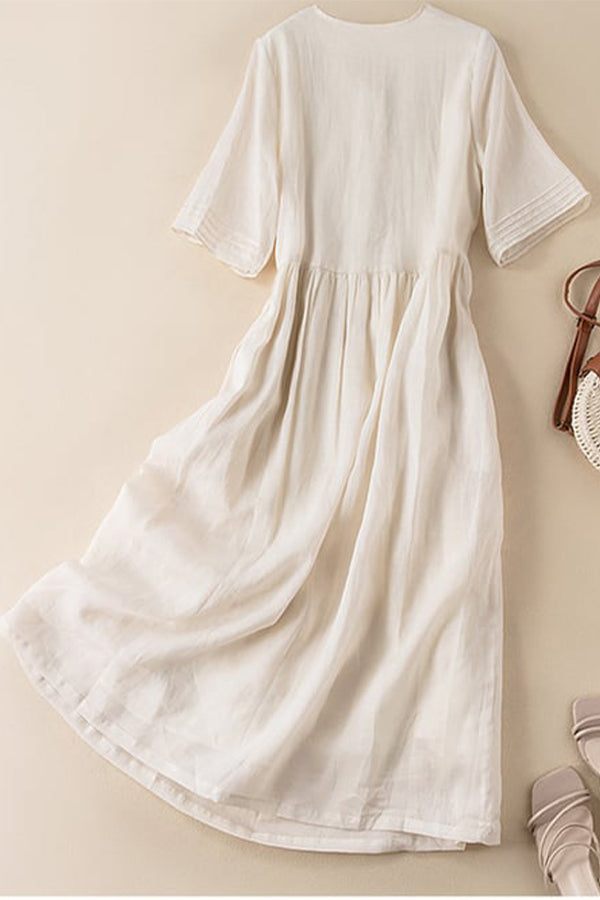 Robe artistique mi-longue brodée en coton et lin pour les fêtes