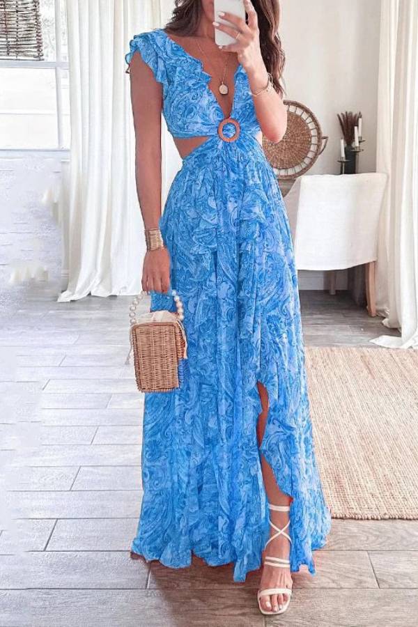 Paisley Print V-Neck Ruffle Cutout Slit Maxi Dress