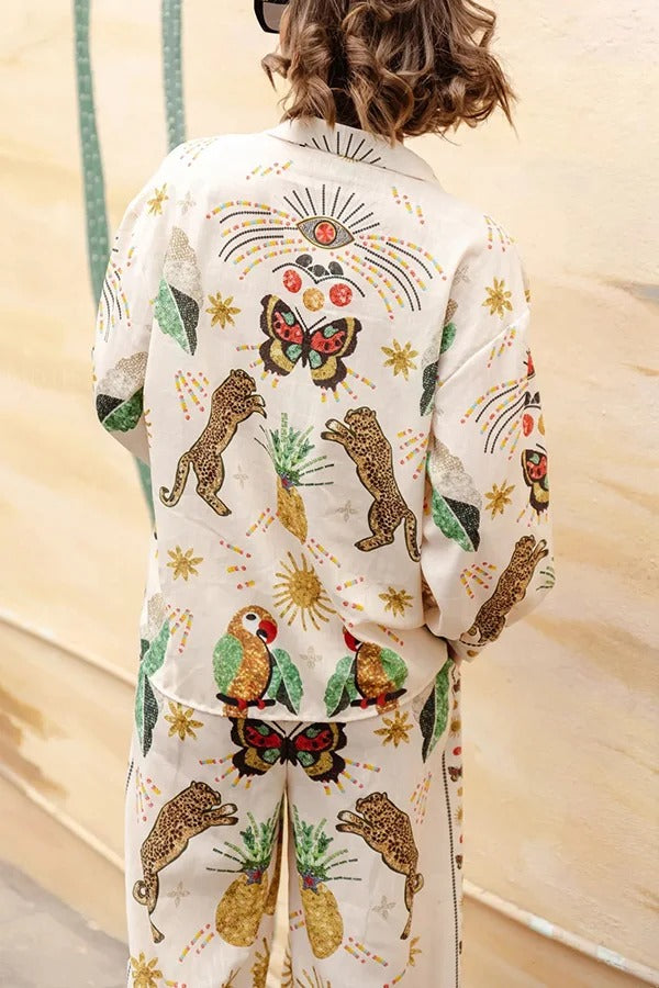 Wild Side – Oversize-Bluse aus Leinenmischung mit einzigartigem Geparden-Print und Knopfleiste