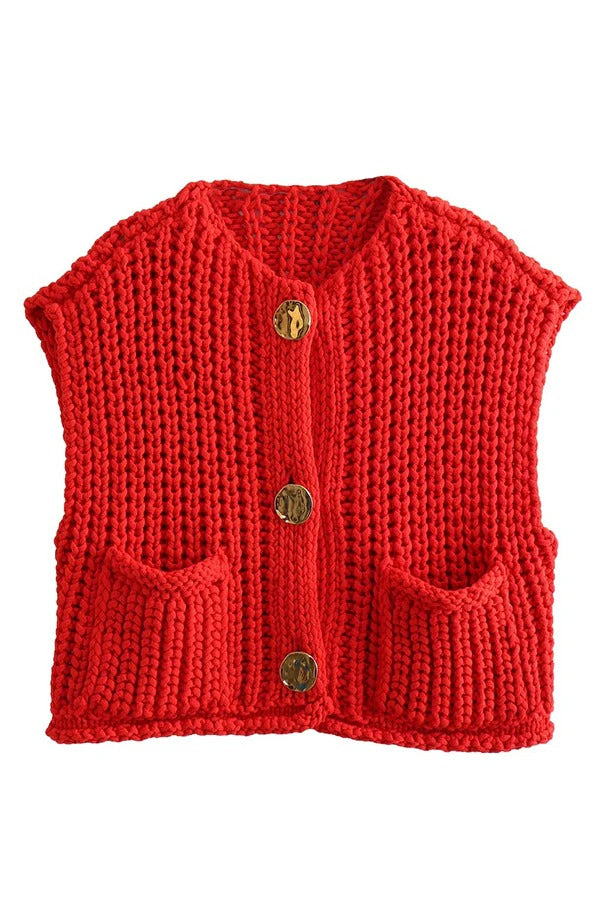 Einfarbige ärmellose Strickweste mit Tasche