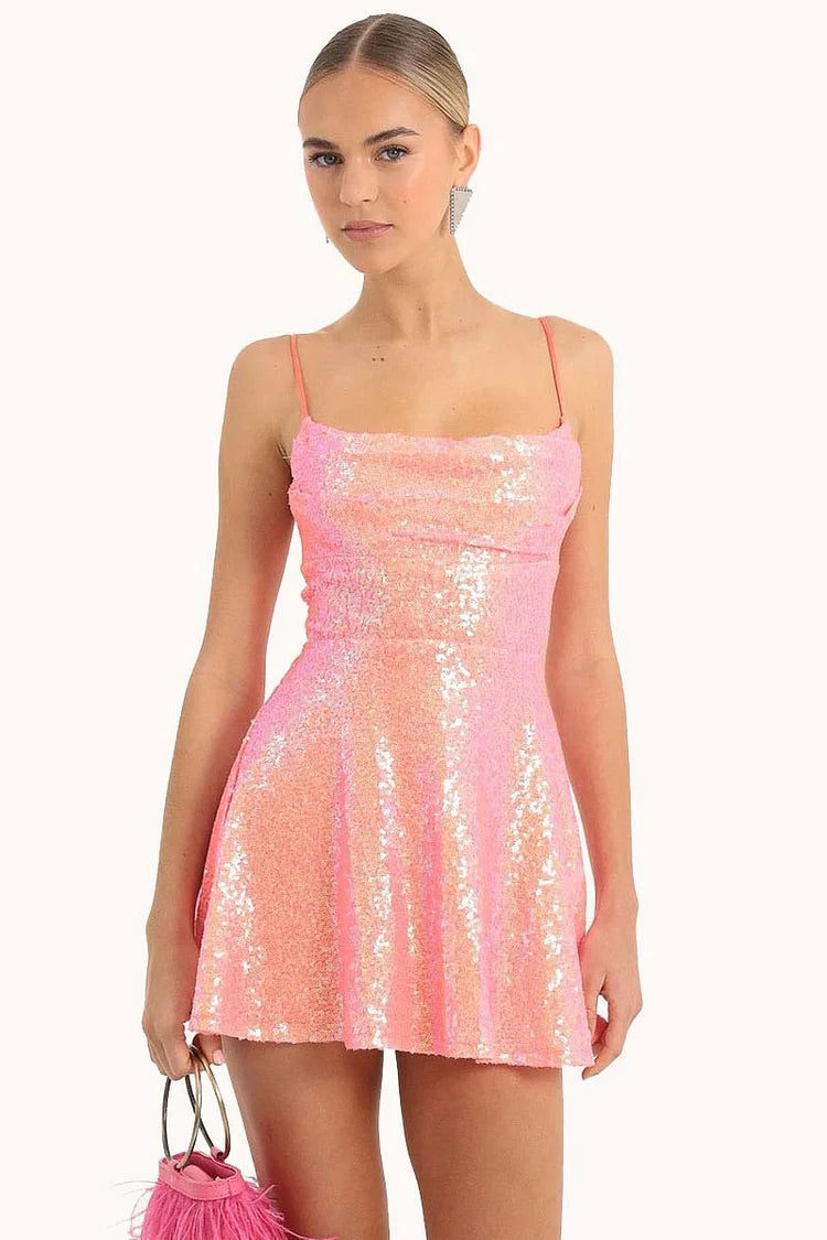 Robe courte trapèze à paillettes et lacets, dos nu, pour fête d'anniversaire - Doré