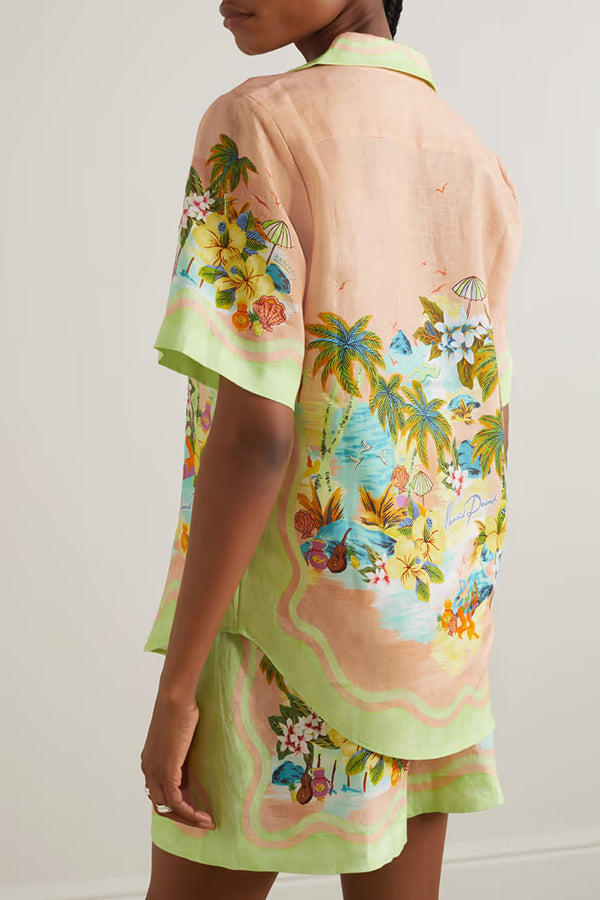 Coconut Scenery – Bluse aus Leinenmischung mit tropischem Print und Shorts mit elastischer Taille und Taschen