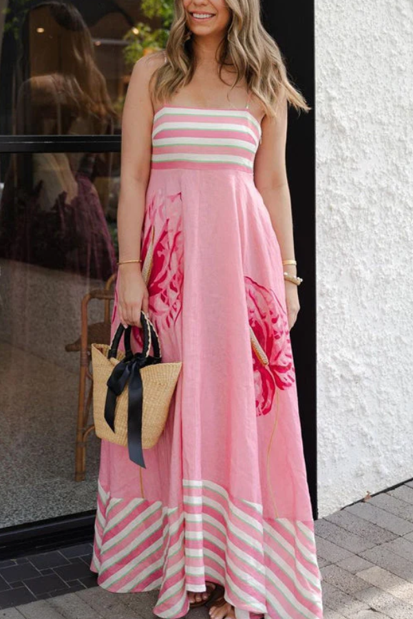 Rückenfreies, gestreiftes, gespleißtes Swing-Maxi-Camisole-Kleid mit Blumendruck