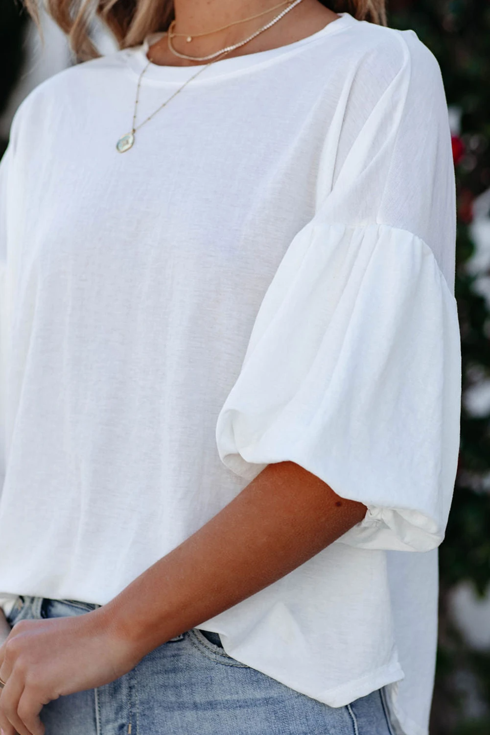 Weiße, einfarbige, lässige Bluse mit Puffärmeln