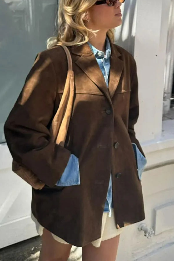 Vintage Revers Langarm Geknöpfte Lose Jacke