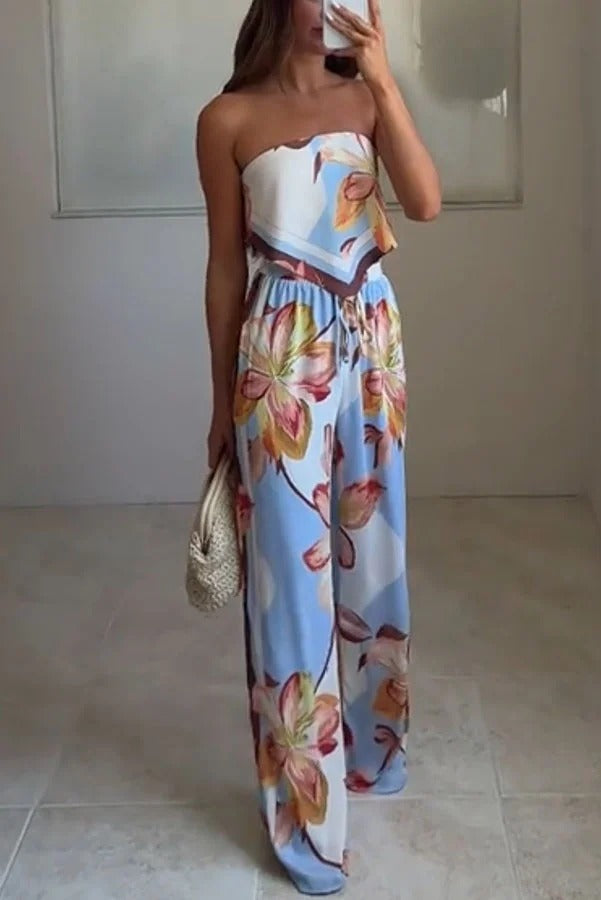 Shades of Cornflower Printed Bandeau Crop Scarf Top and Elastic Waist Pocket Wide Leg Pants Set