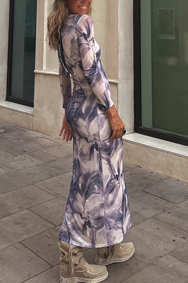 Delano Mesh-Midikleid mit Aquarelldruck, langen Ärmeln, gerüschtem Stretch-Schlitz