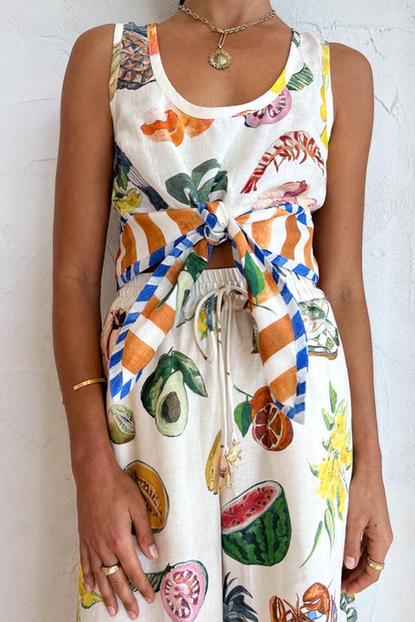 Set aus Tanktop aus Leinenmischung mit Bindeband vorn und Hose mit weitem Bein im tropischen Stil