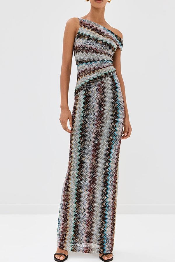 Cocktails and Vacation Knit Colorful Zigzag Pattern One Shoulder Slit Maxi Dress