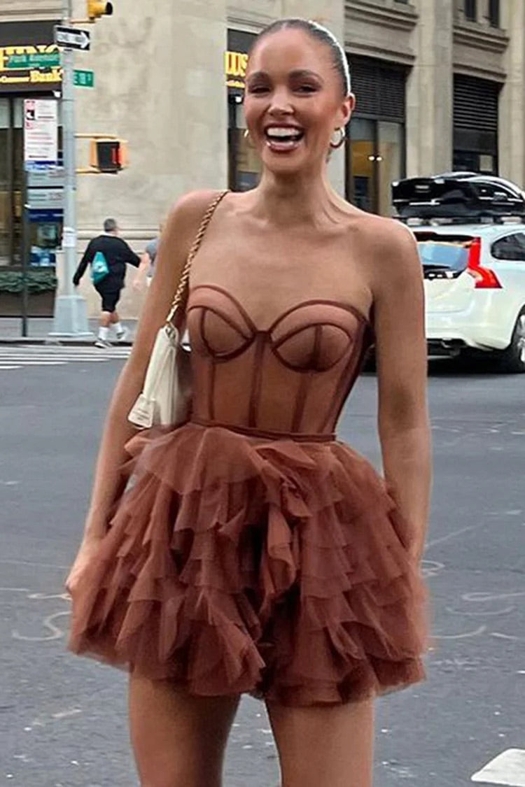 Trägerloses Quilt-Korsett-Geburtstagsparty-Tüll-Minikleider-Braun