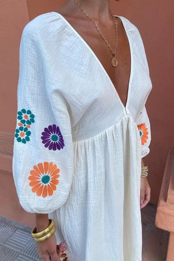 Rückenfreies Maxikleid mit Blumendruck, V-Ausschnitt und Laternenärmeln