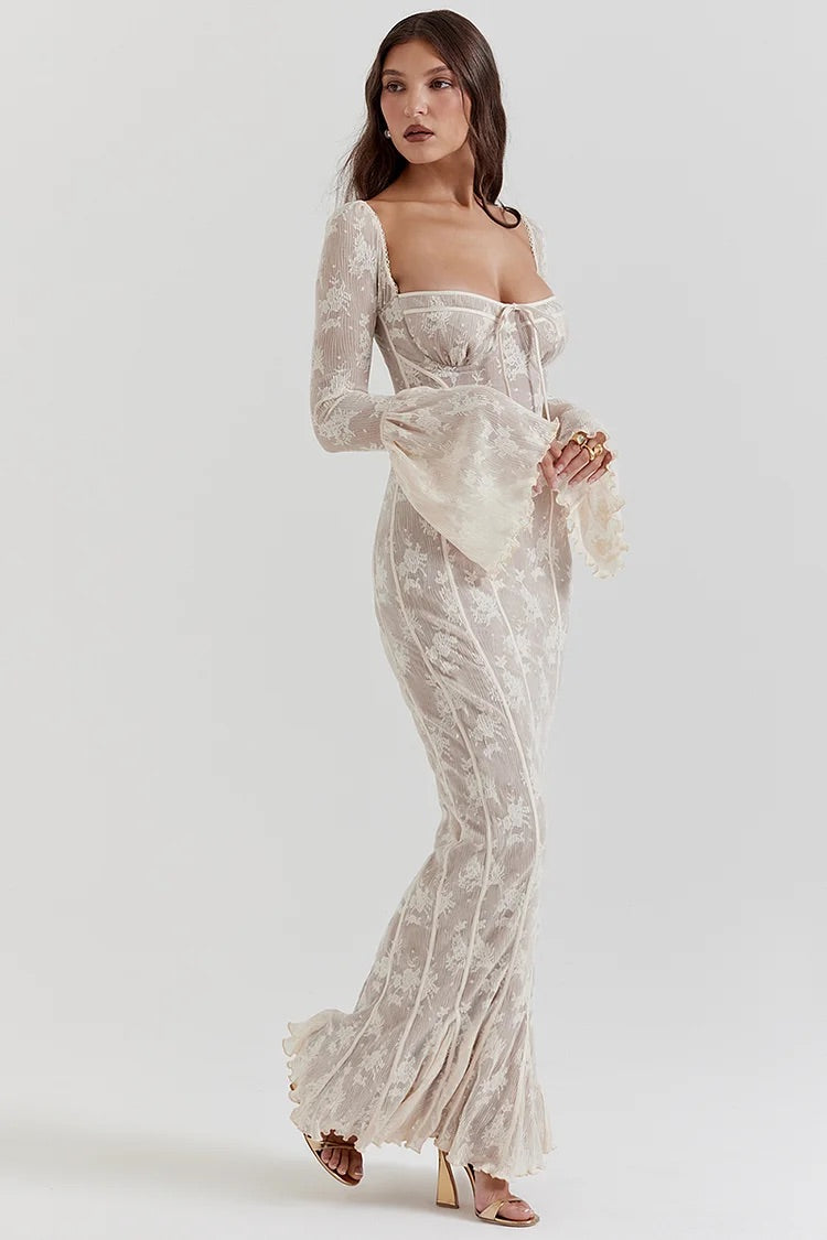 Robe longue de soirée en jacquard à col carré et manches longues évasées, style queue de poisson - Blanche