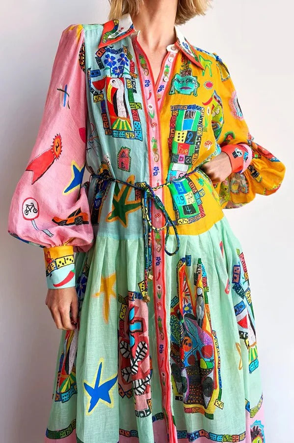 Set für den Urlaub – Einzigartiges Print-Farbblock-Midikleid mit Ballonärmeln und Gürtel