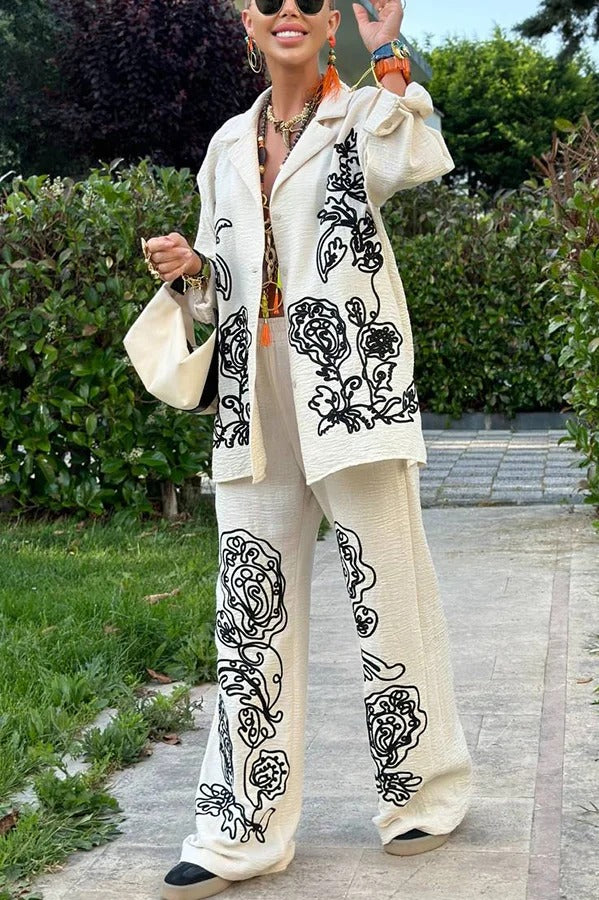 Bella Set aus langärmligem, lockerem Hemd aus Leinenmischung mit besticktem Blumendruck und Hosen mit elastischer Taille und Taschen