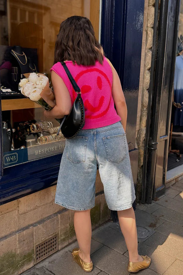 Always Happy Face Strick-Tanktop mit einzigartigem Muster, vielseitig und locker