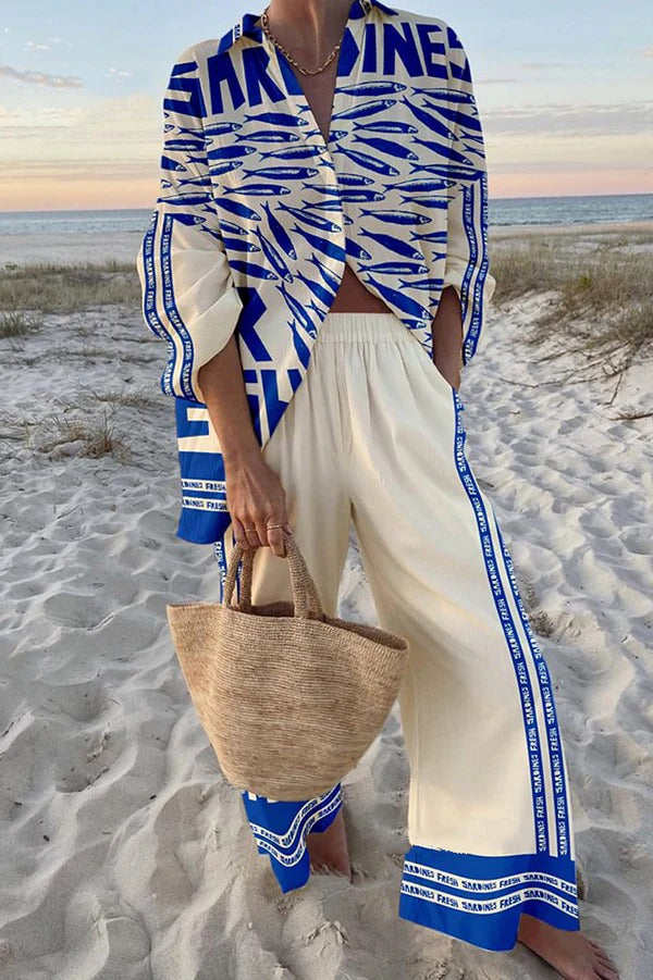 Einzigartiges Set mit Oversize-Hemd mit Ozean-Print und Hose mit elastischer Taille und Taschen