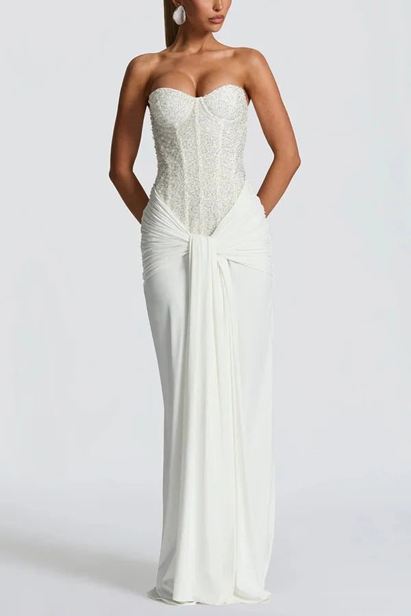 Carina Sequined and Satin Jersey Off Shoulder Ruched Knot Drape Maxi Dress