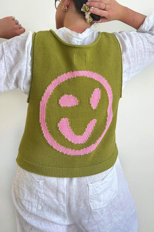 Always Happy Face Strick-Tanktop mit einzigartigem Muster, vielseitig und locker