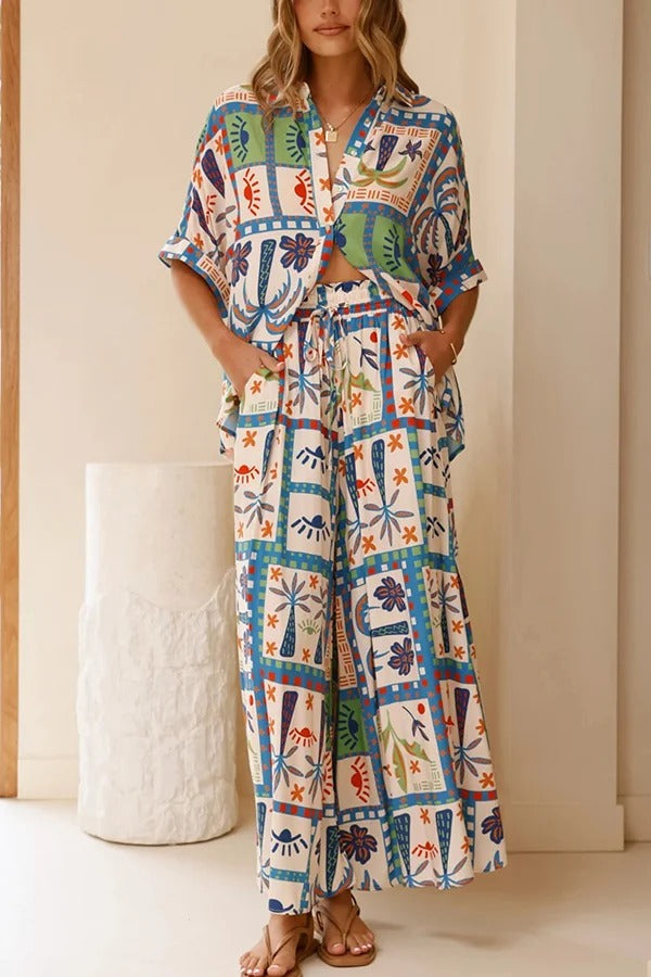 Unique Print Lapel Short Sleeve Loose Shirt and Elastic Waist Casual Pocket Wide Leg Pants Set