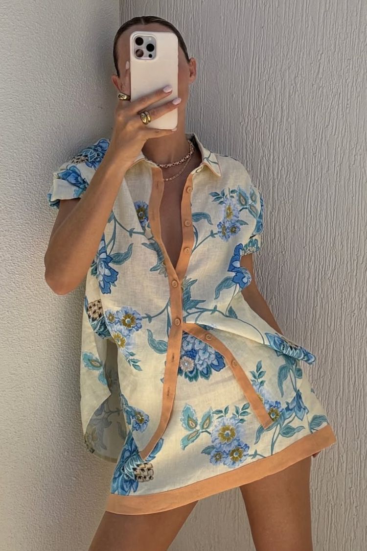 Giselle – Set aus kurzärmligem Hemd aus Leinenmischung mit Blumenmuster und Minirock mit Reißverschluss