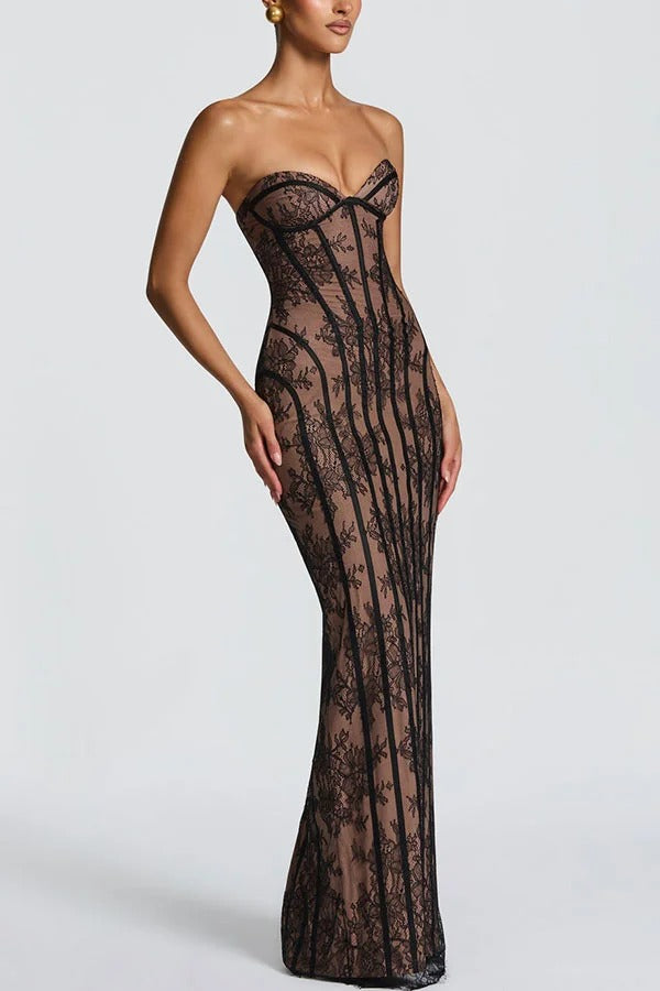 Sian Floral Lace Contrast Structural Detail Back Lace-up Strapless Slit Maxi Dress