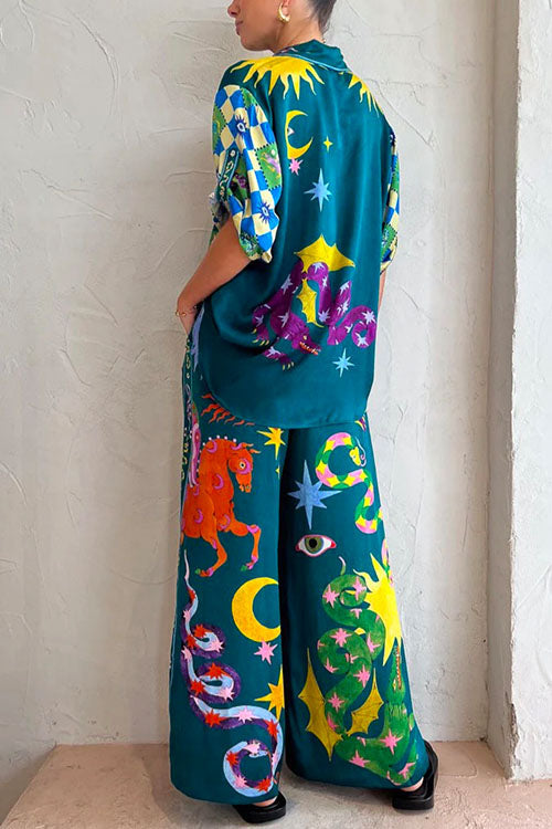 Bluse mit Cartoon-Print und hochgekrempelten Ärmeln, Hemd und Hose mit weitem Bein, Urlaubsset