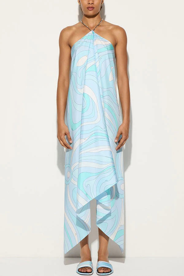 Elmhurst Satin Unique Print Chain Halter Draped Scarf Midi Dress