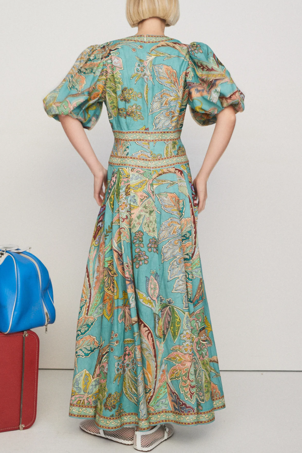 Retro-Midikleid mit V-Ausschnitt, Puffärmeln und Blumendruck