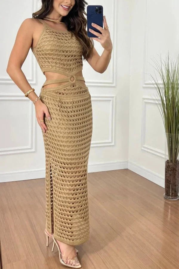 Atemberaubendes Gaze-Maxikleid mit Strickstruktur, seitlichem Ringausschnitt an der Taille und Stretch (Hinweis: Oberteil nicht gefüttert, Sie können Ihren eigenen BH mitbringen)