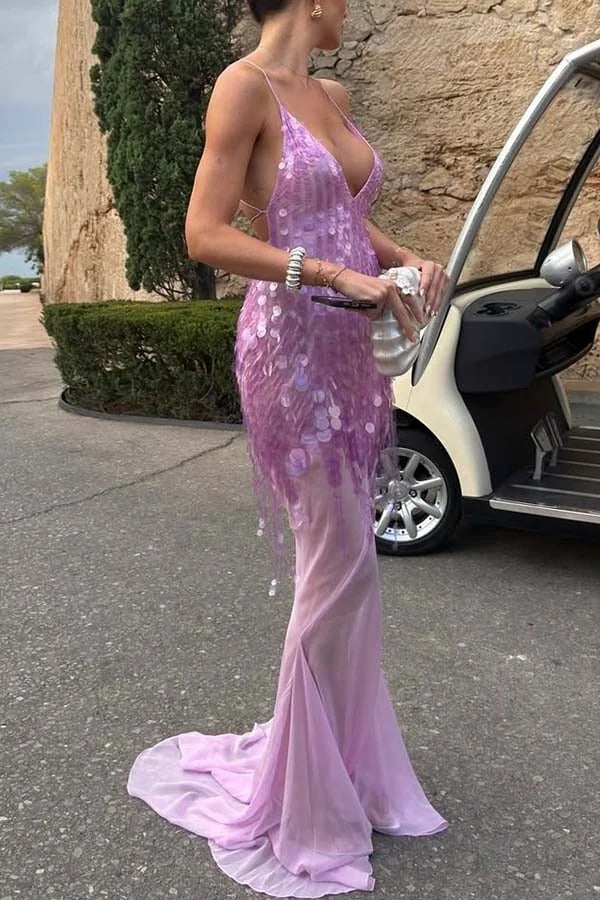 Perfect Night Sequin Embroidery Backless Drape Tulle Hem Slip Maxi Dress