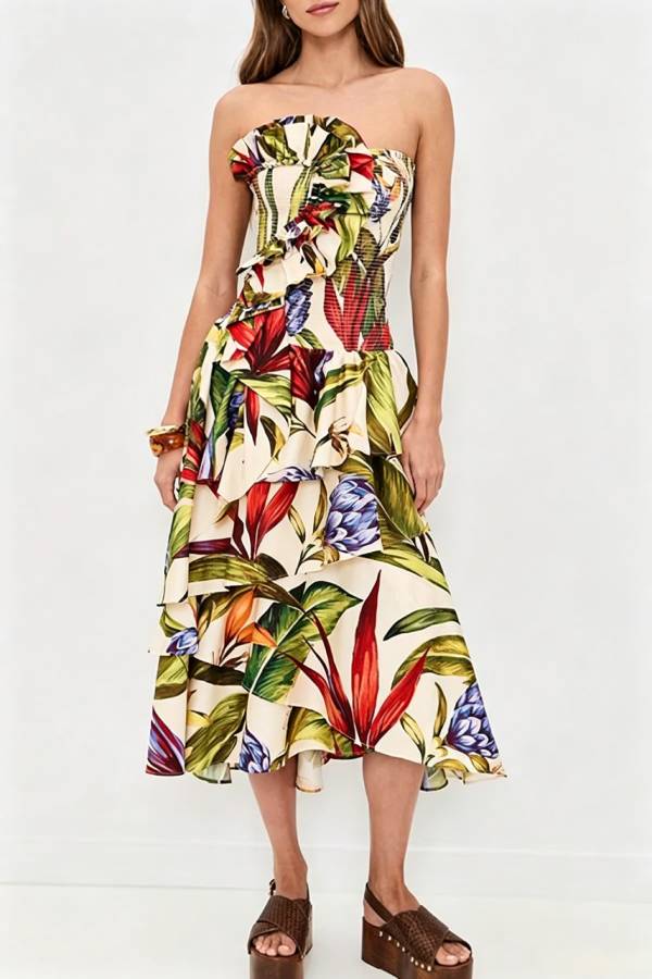Tropical Botanical Prints Smocked Ruffles and Draped Detail Strapless Midi Dress