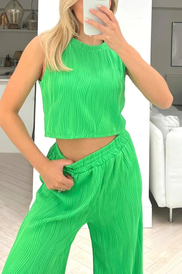 Einfarbiges Tanktop mit Rundhalsausschnitt und Wasserwellen-Print und gerade geschnittene Hose mit elastischem Bund