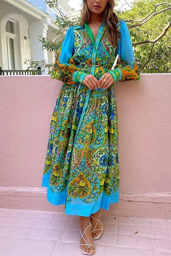 Feeling Butterflies – Mehrfarbiges, einzigartiges Midikleid mit Ballonärmeln und Gürtel