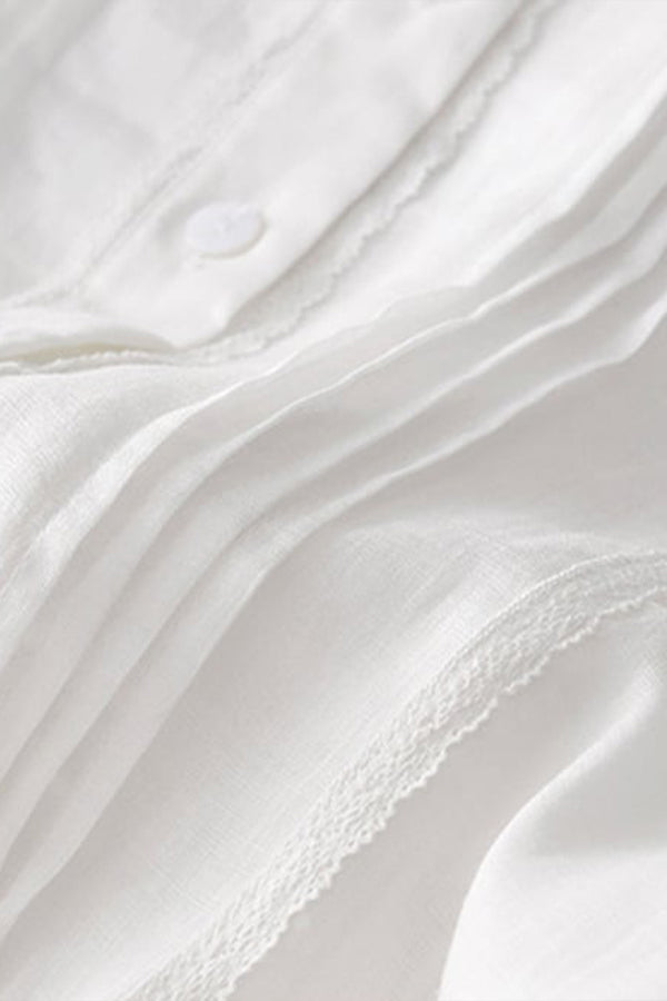 Dünnes Kleid aus Baumwollleinen mit Rundhalsausschnitt, Schnürung an der Taille und Stickerei
