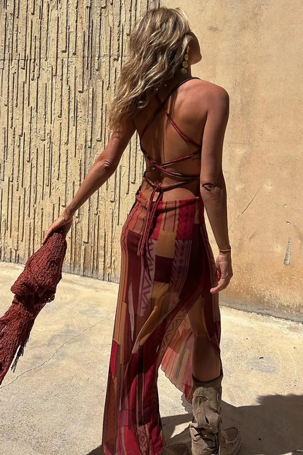 Midikleid im Gypsy-Stil mit einzigartigem Aufdruck, Wasserfallausschnitt hinten, Schnürung und Schlitz