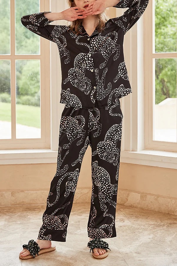 Schwarzes, langärmliges Home-Zweiteiler-Set mit Jaguar-Print