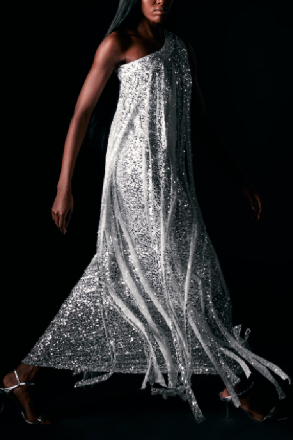 Holiday Muse Sequined Slit Tassels One Shoulder H-line Maxi Dress