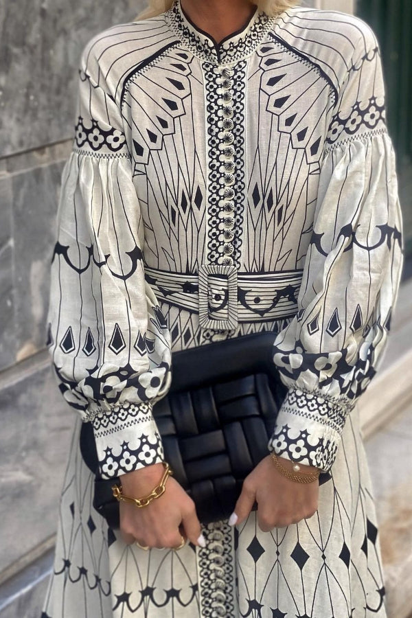 Lockeres, lässiges Midikleid aus Baumwolle und Leinen mit Retro-Laternenärmeln