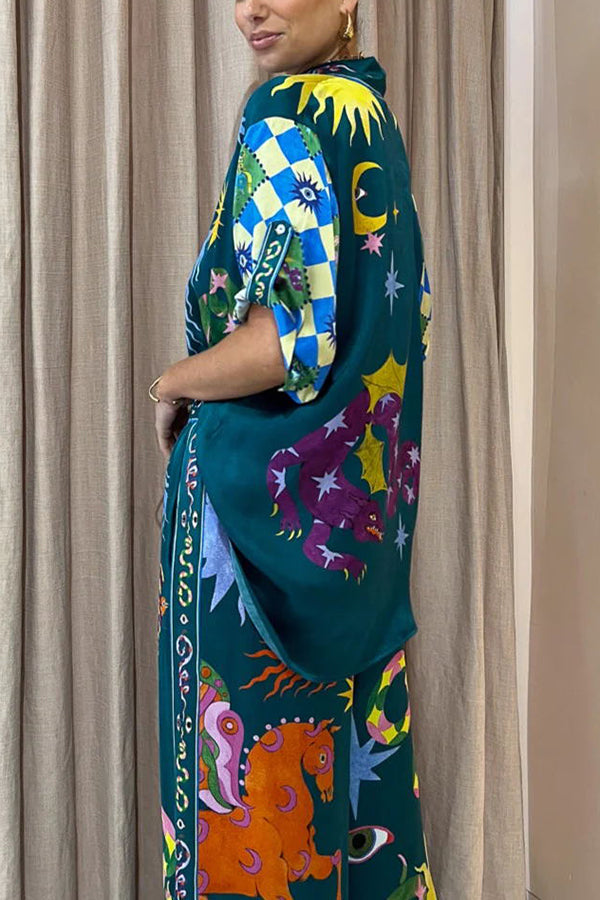 Beachy Chic Leinenmischung Einzigartiger Druck Button-Down Oversize Bluse