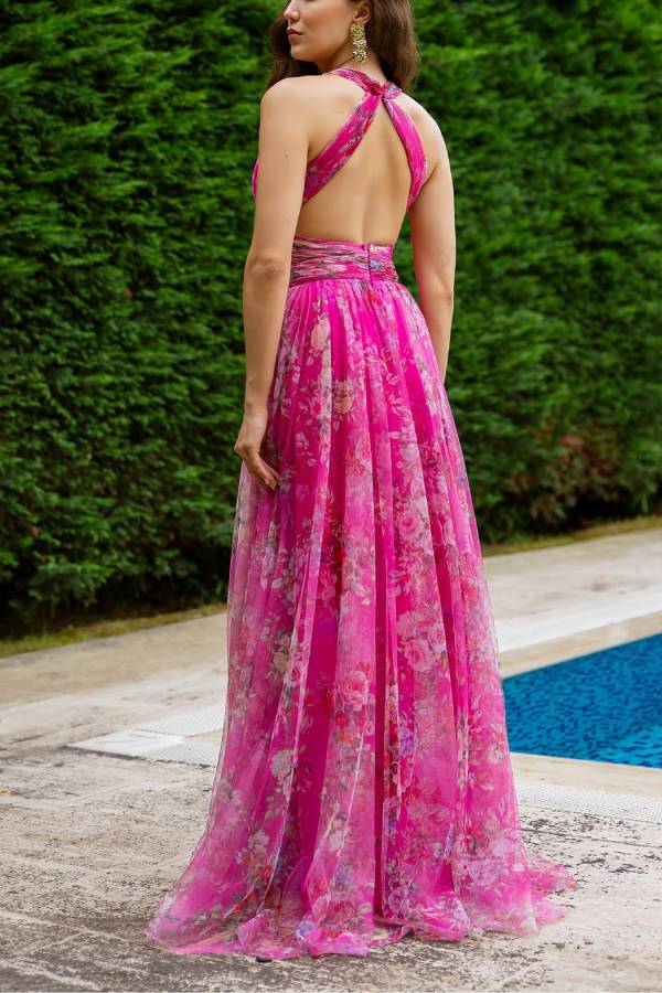 Herbstliches, romantisches, florales Tüll-Maxikleid mit Twist-Detail und rückenfreiem Schlitz