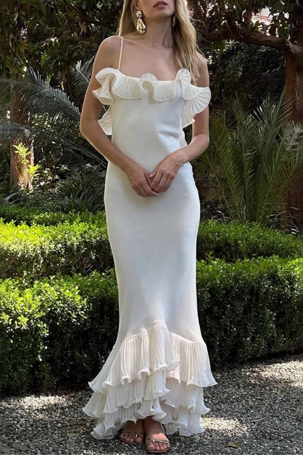 Alisin Pleated Chiffon Wavy Ruffles Trim Slip Maxi Dress