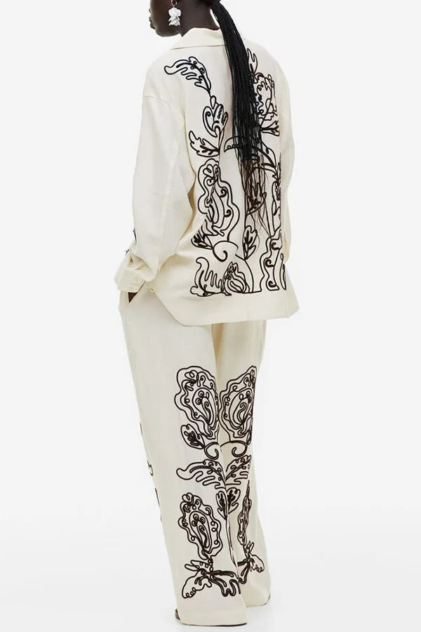 Bella Set aus langärmligem, lockerem Hemd aus Leinenmischung mit besticktem Blumendruck und Hosen mit elastischer Taille und Taschen