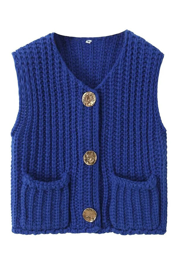 Einfarbige ärmellose Strickweste mit Tasche