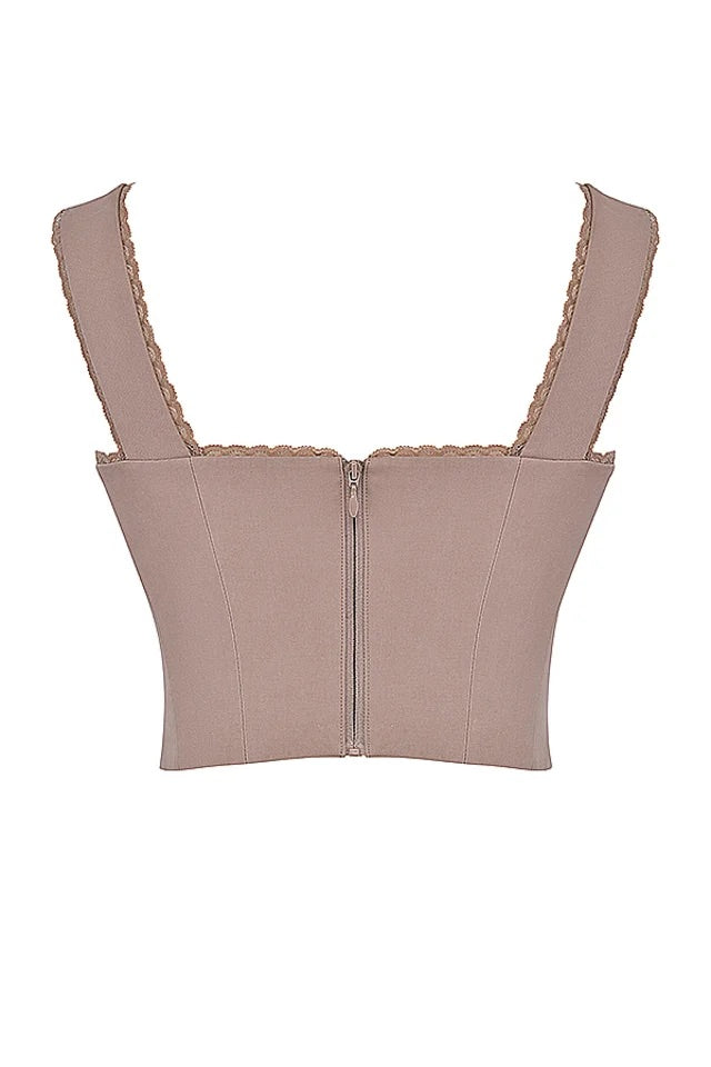 Ensemble assorti pour soirée de jardin, haut corset sans manches en jacquard, jupe longue fendue et portefeuille - Nude