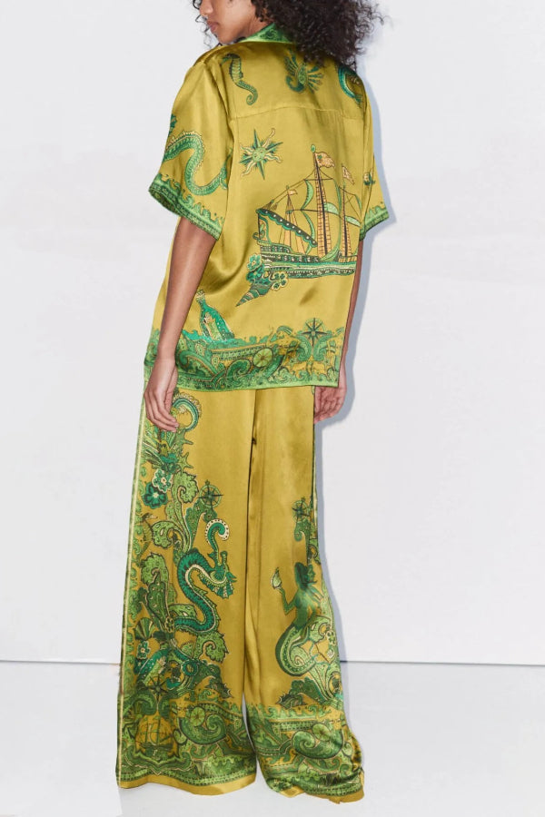 Exquisites Satin-Hemd mit einzigartigem Blumendruck und Knopfleiste