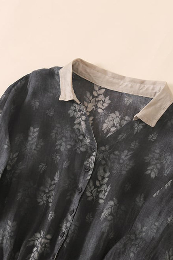 Kleid mit V-Ausschnitt und Blumenmuster in Kontrastfarbe aus Baumwolle und Leinen