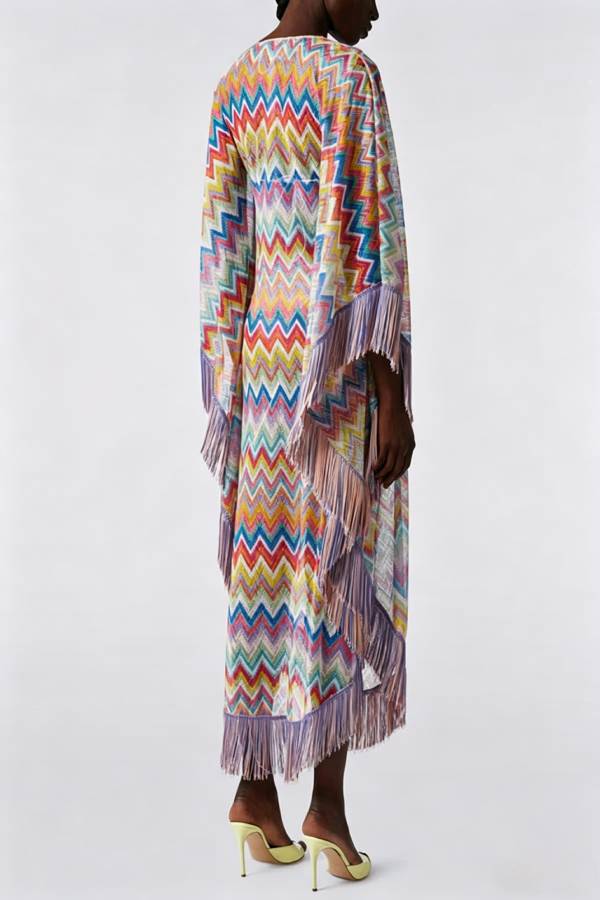 Casie Knit Colorful Zigzag Pattern Fringe Trim Cover-up Vacation Maxi Dress